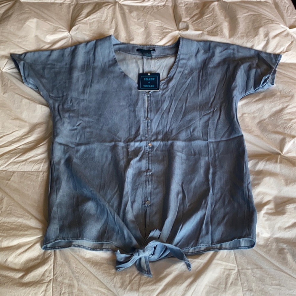 Denim look tie front top/blouse